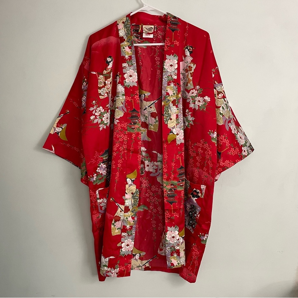 Vintage Kimono Red Floral Pattern Womens Sz Small